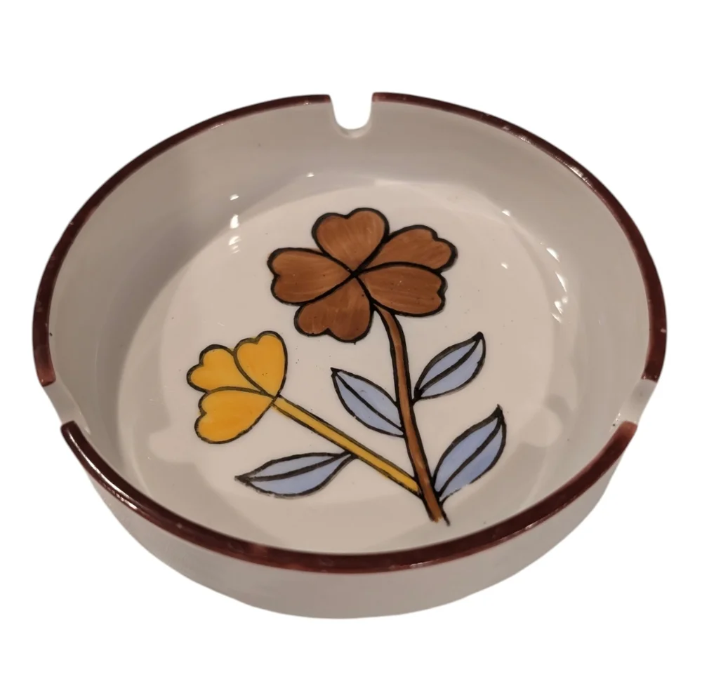 Vintage MCM hand painted flower power stoneware ashtray. 5